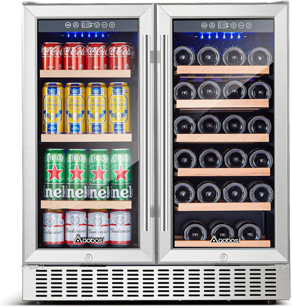 30 Inch Dual Zone Wine and Beverage Cooler,28 Bottles & 110 Cans Wine Fridge,Bui