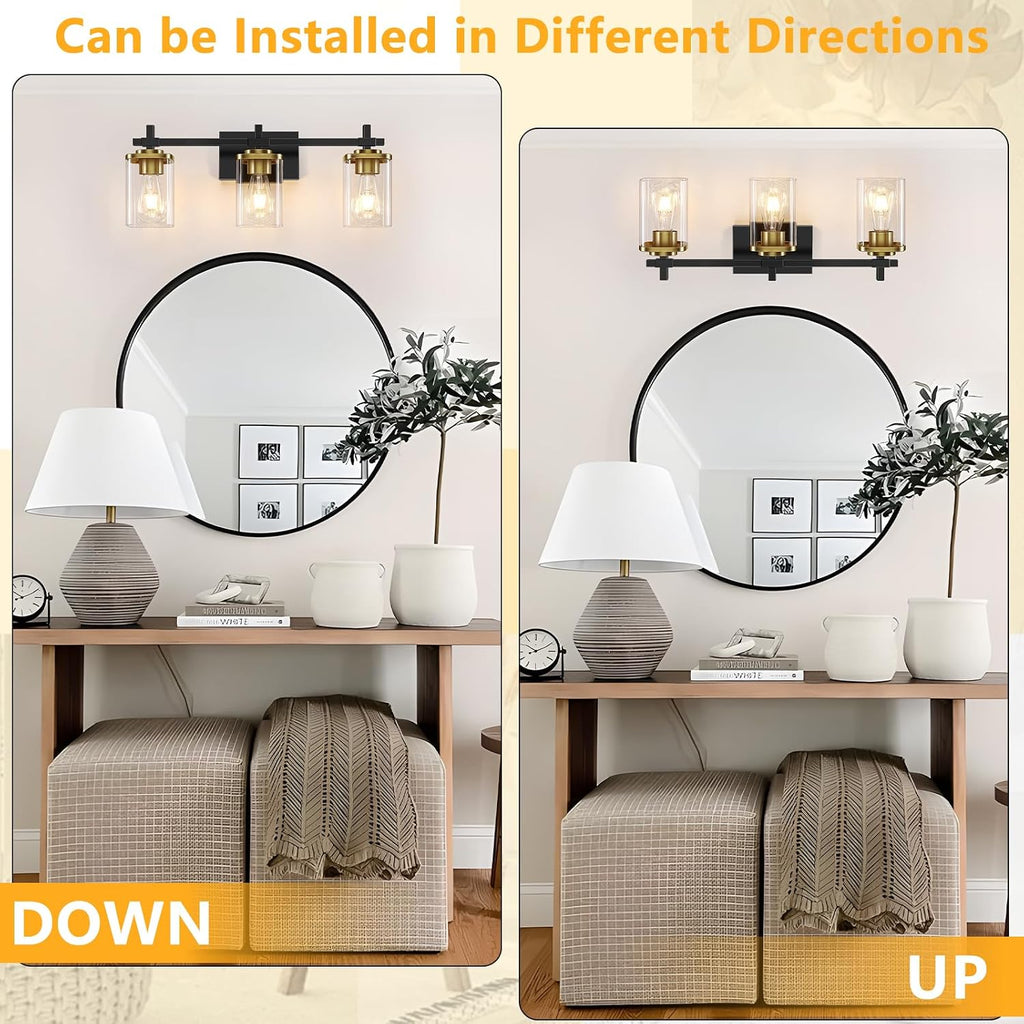 3-Lights Black and Gold Bathroom Light Fixtures Over Mirror, Modern Brushed Gold Vanity Lights , Sconces Wall