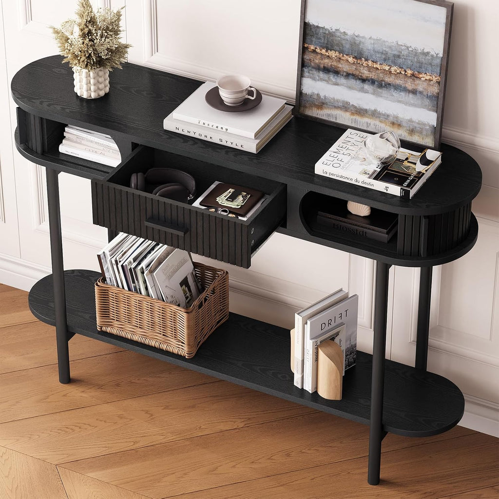 47 Inch Fluted Console Table with Drawers, Entryway Table with Storage, Oval Sofa Tables Behind Couch, Mid-Century