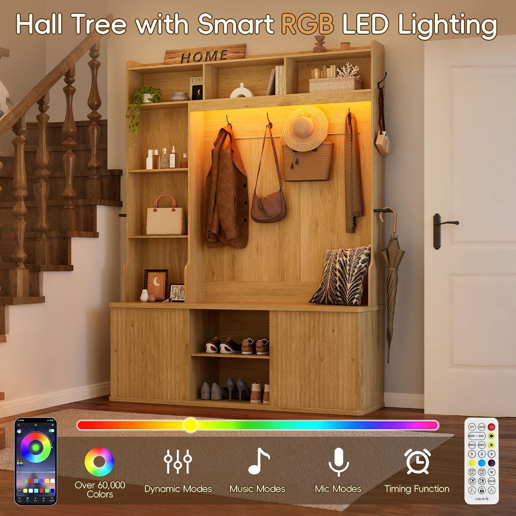 77"H 59"W Hall Tree with Bench and Shoe Storage, Entryway Bench with Coat Rack & 12 Hooks, Smart RGB LED Lighting