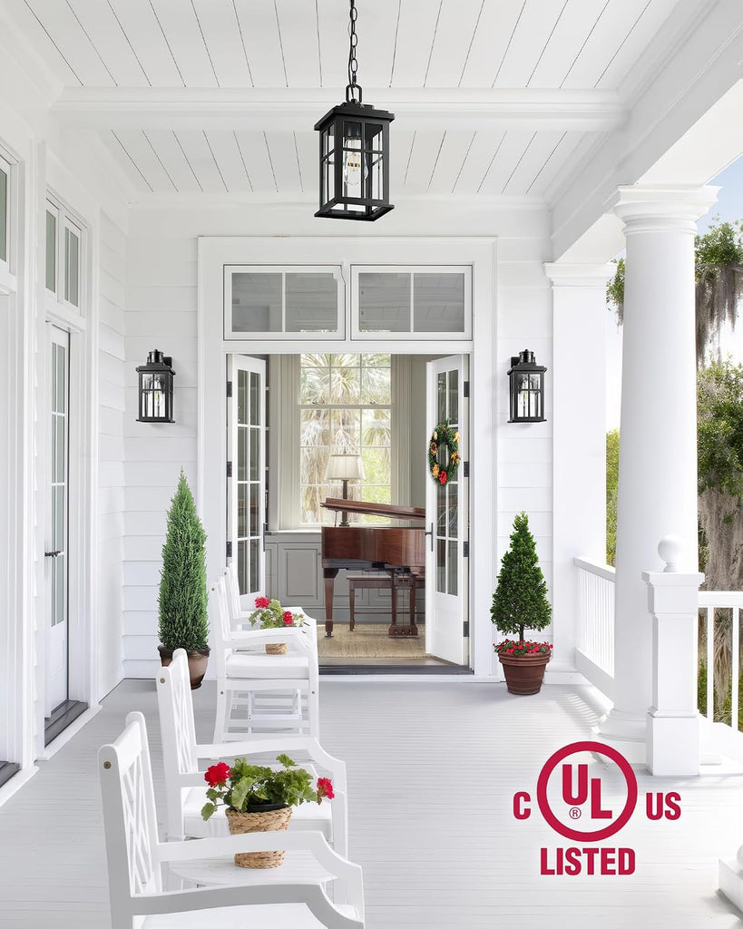 Black Dusk to Dawn Outdoor Pendant Light, Modern Hanging Light Fixture with Tempered Glass