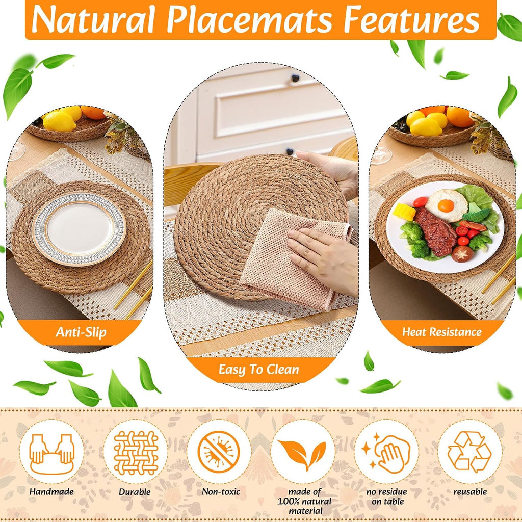 Boho Placemat Table Runner Napkin Rings, Khaki, 12x72, 6 Sets | Woven Mats for Dining with Wood Bead Rings, Cloth