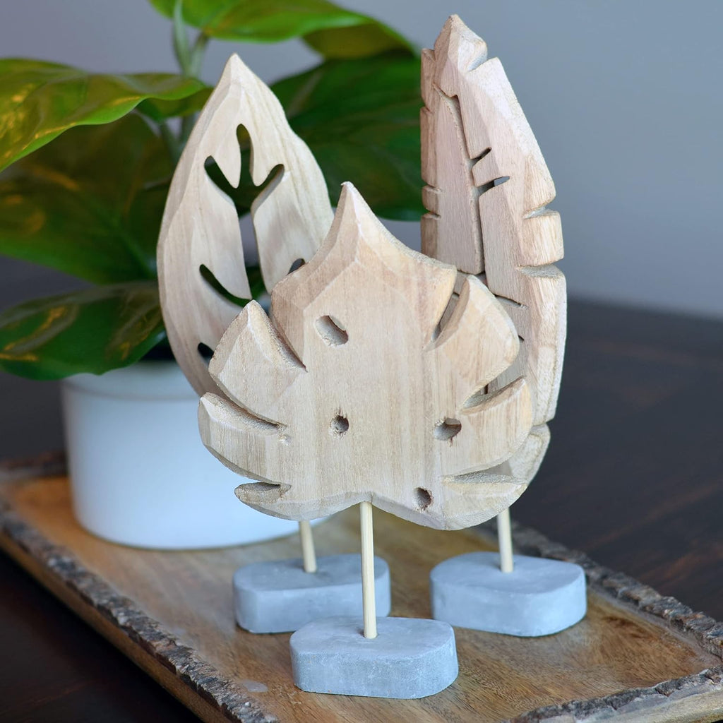 Modernist Leaf Figurines, Set of 3, Hand Carved, Solid Wood, Post Mounted, Grey Gallery Base, 7.75 Inches Each