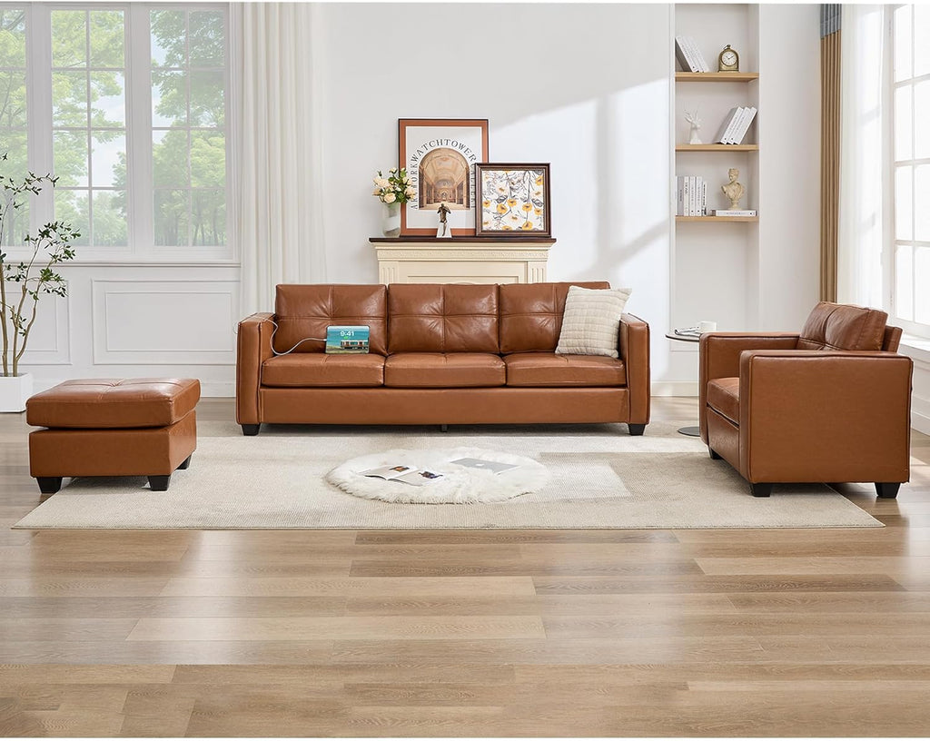 Brown Leather Sofa Couch Sectional Couches , Comfy Sofas with USB USB & Type C Charger, Home Office 3 Piece Living