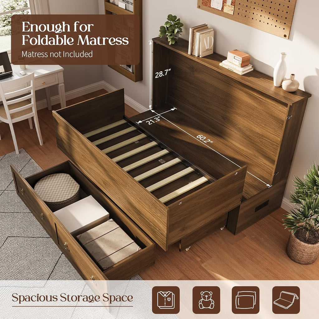 Queen Murphy Bed with Charging Station - Rattan Queen Bed Frame with Storage Drawers, Wood Cabinet Beds for Guest