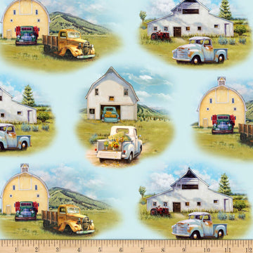 Vintage Trucks Scenic Blue, Quilting Fabric by the Yard