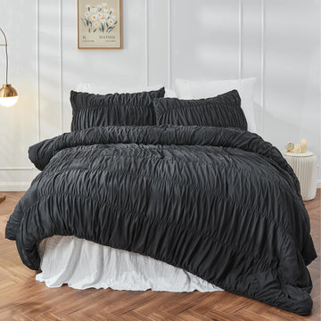 King Size Comforter Set - Ruched Black Comforter King Bed Set Boho Bedding - Fluffy 3 Piece Ruffle Comforter Set with
