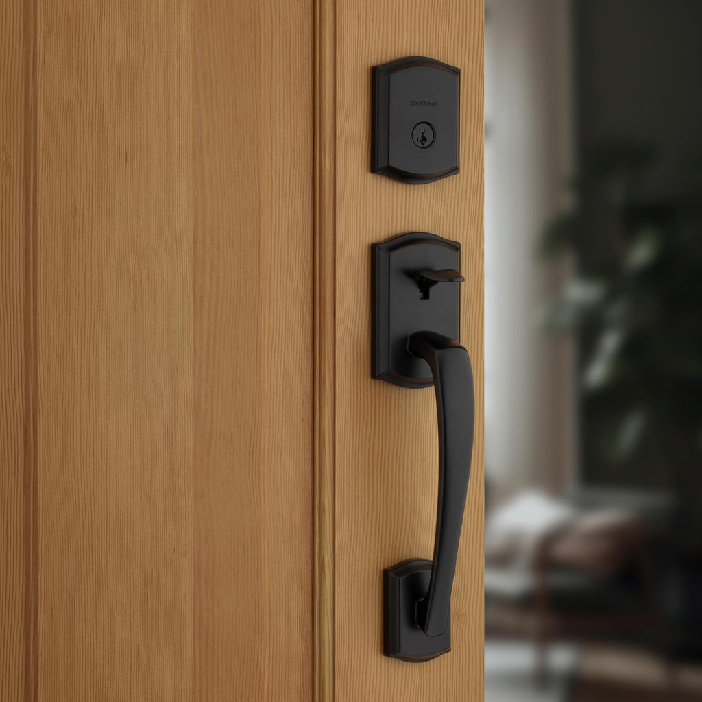 Prescott Front Door Lock Handle and Deadbolt Set, Entry Handleset Exterior with Sedona Reversible Lever, Matte Black - Door Handleset