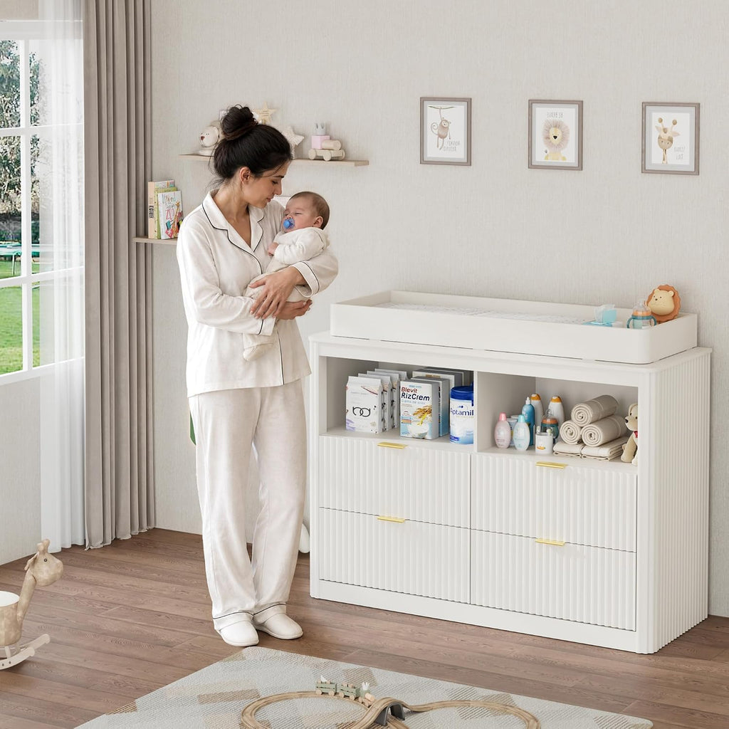 Nursery Dresser, 4 Large Drawers Wood Baby Changing Dresser with Raised and Detachable Changing Table Top, Fluted
