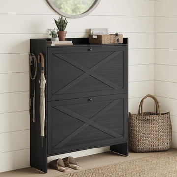 Shoe Storage Cabinet Organizer with 2 Flip Drawers, Freestanding Narrow Shoe Rack Cabinet , Farmhouse Style, Fits 14