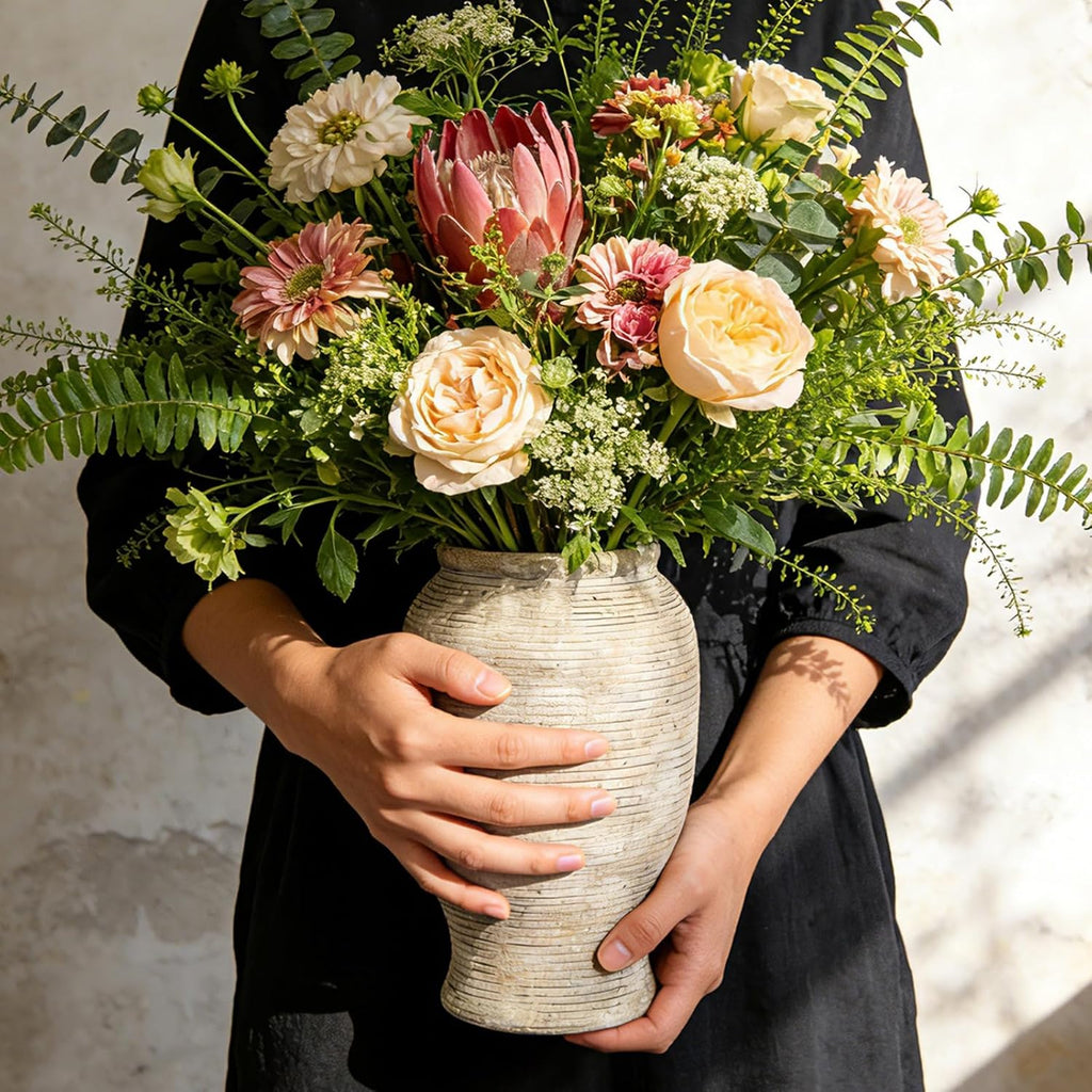 9 Inch Ceramic Flower Vase - Rustic Farmhouse Pottery Vase | Decorative Vases