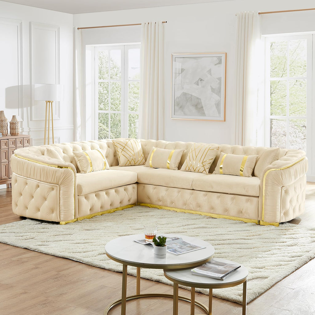 Oversize Luxury Sectional Couch 110.5" Velvet Chesterfield Sofa, Cream White and Gold Sofas with Metal Accents