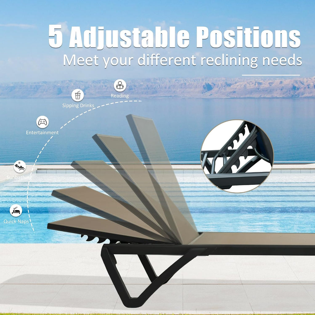 Pool Lounge Chairs Set of 2, Aluminum Patio Chaise Lounge with Wheels, 5 Position Adjustable, All Weather
