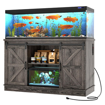 Farmhouse 55-75 Gallon Fish Tank Stand with Power Outlet, Aquarium Stand w/Cabinet&Sliding Barn Door, Heavy Duty