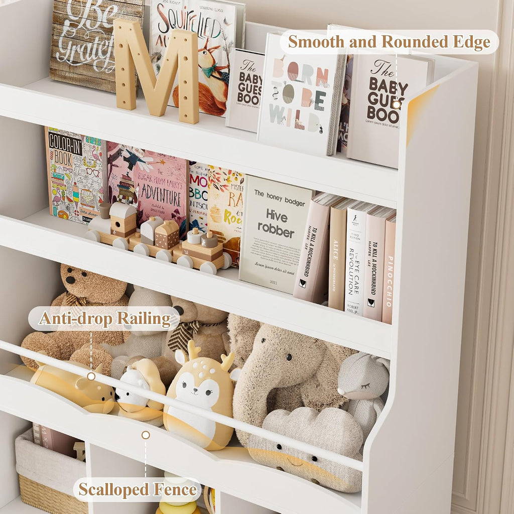 Toy Storage Organizer w/Bookshelf & Stuffed Animal Organizer, White | Large Toy Organizer with 3 Movable Storage
