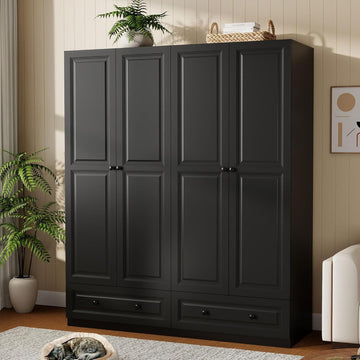 Armoire Wardrobe Closet with Drawers: 74" Black Wardrobe Closet with 4 Doors, Bedroom Armoires with 2 Drawers, Wood