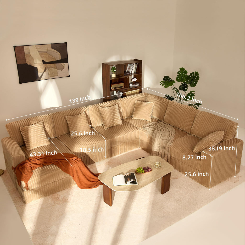 139" U-Shaped Cloud Couch, Modular Sectional, Deep Seats, Camel
