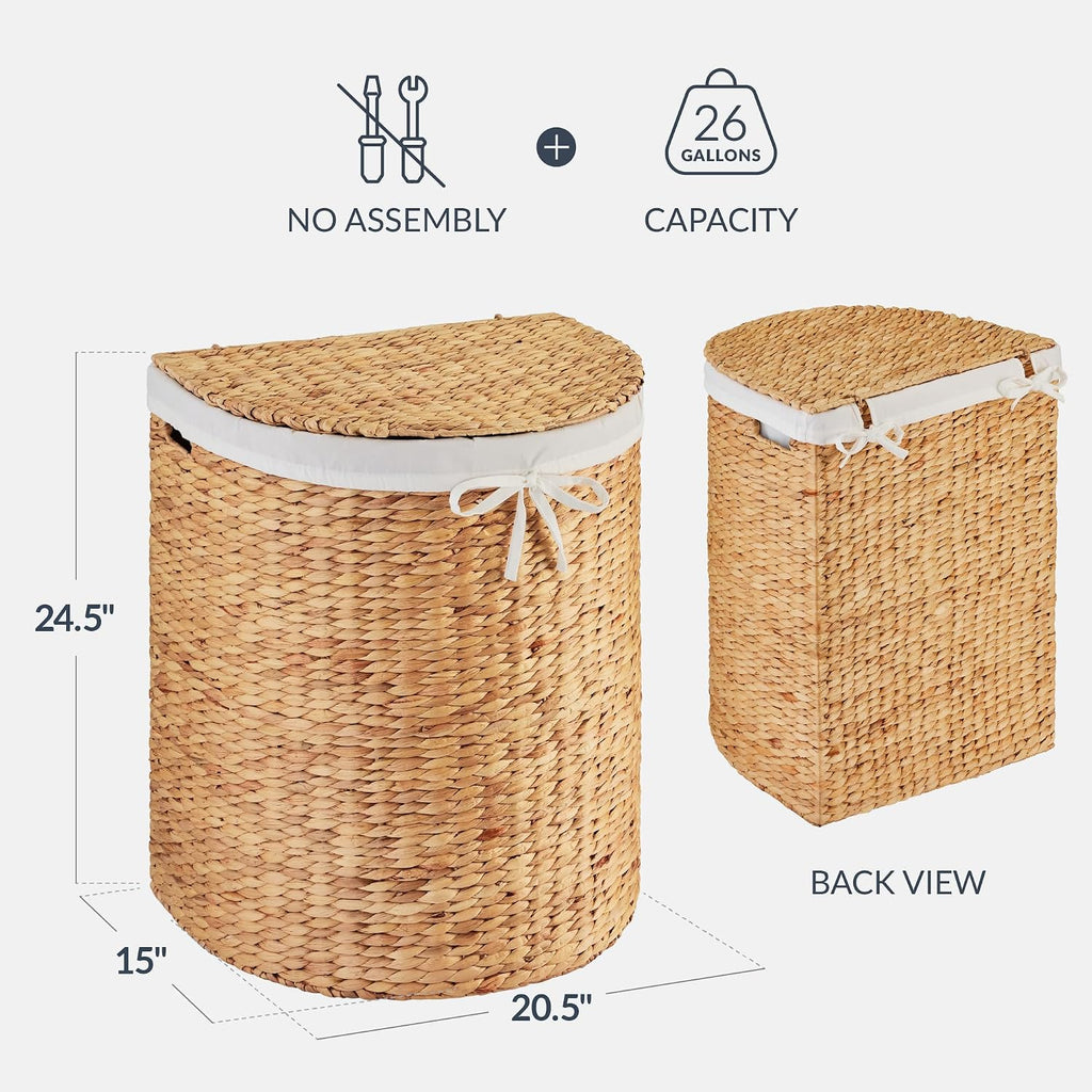 Half Moon Laundry Hamper w/Lid, Woven Half Round Laundry Basket, w/Removable Liner & Bult-in Handles & Laundry Room