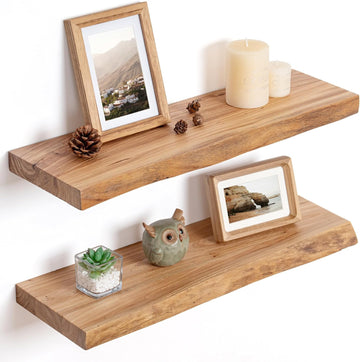 Floating Shelves for Wall Decor, Rustic Solid Elm Wood Live Edge Floating Shelves Wall Mounted, Wall Shelves with