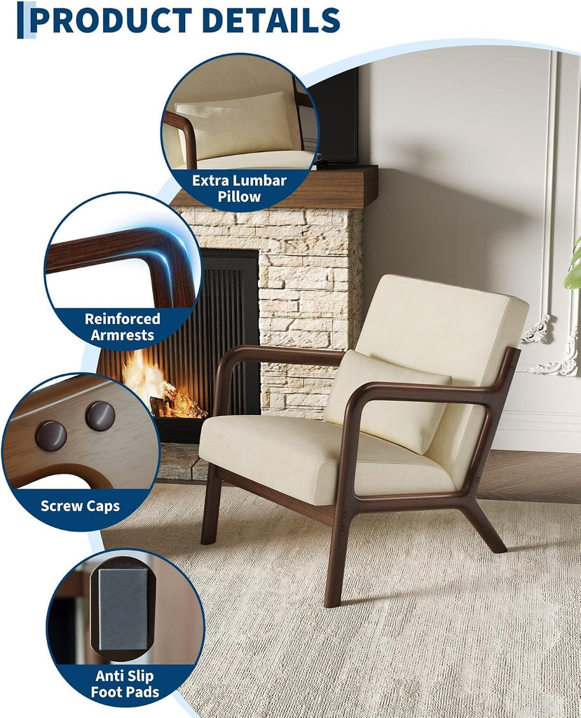 Mid-Century Modern Accent Chair, Chenille Upholstered Armchair with Wood Frame and Lumbar Pillow, Cozy Reading Chair