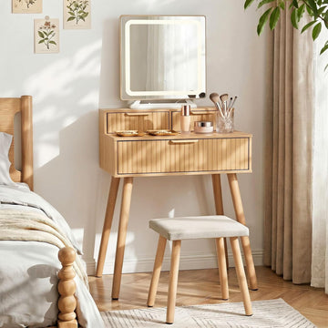 Small Vanity Desk with Lights Mirror, Compact Makeup Vanity Table with Stool, Fluted Wood Vanity with Power Outlet, 3