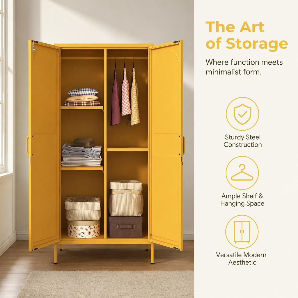 Yellow Lockable Armoire Wardrobe Closet Storage Cabinet with Hanging Rod, 67" Metal Wardrobe Cabinet with 2 Doors and