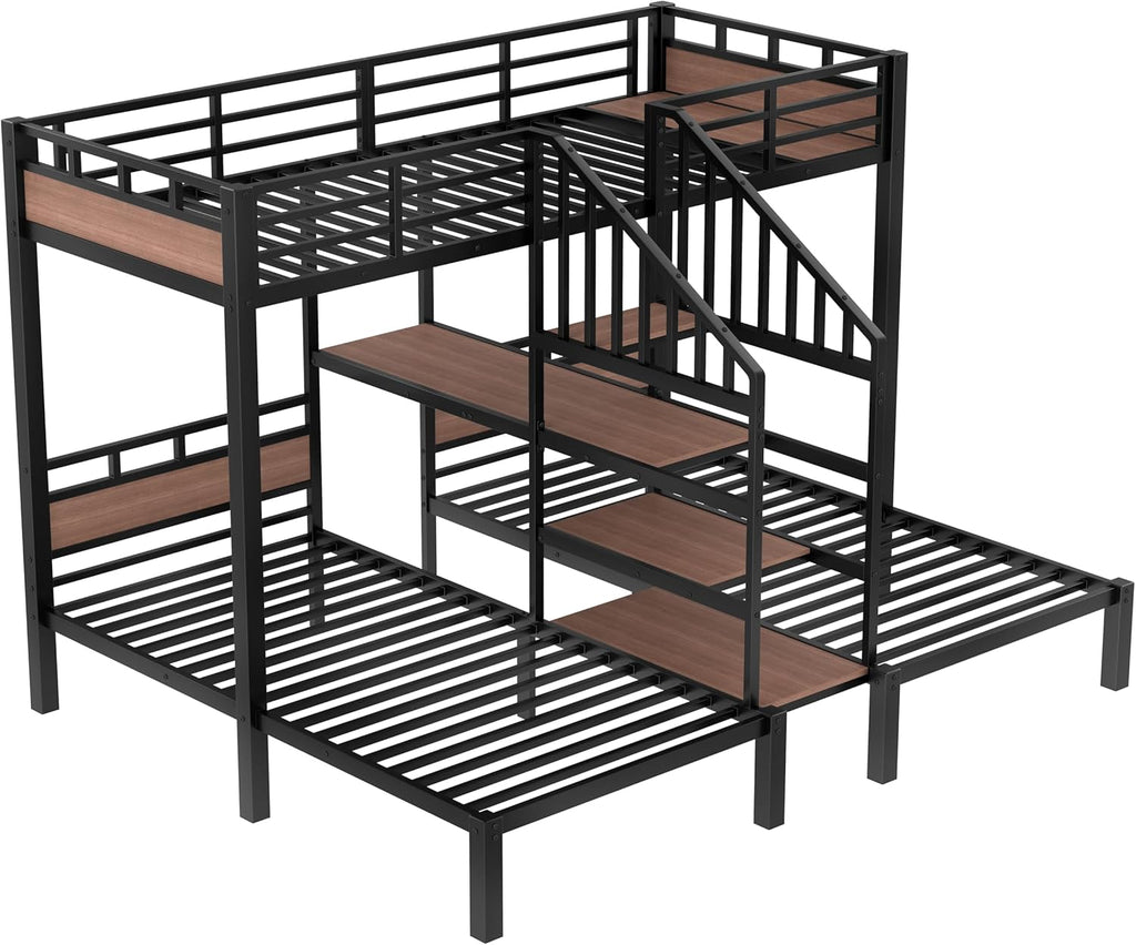Twin Over Twin Over Twin Bunk Bed with Shelf and Storage Stairs