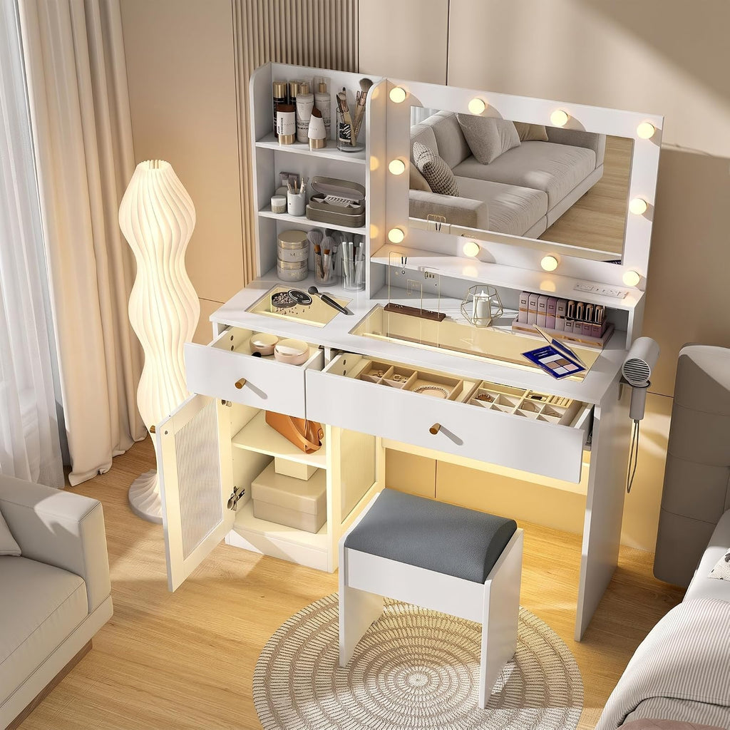 Vanity Desk with Mirror and Lights: 40" White Makeup Vanity with Glass Top, Wood Dressing Table with Drawers and