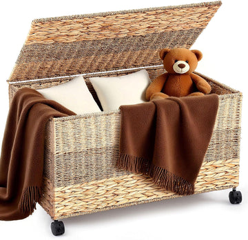 42.3 Gallon(160L) 30×17.7×18 in Wicker Storage Trunk with Wheels & Lid Heavy Duty Rolling Storage Bench Large Toy