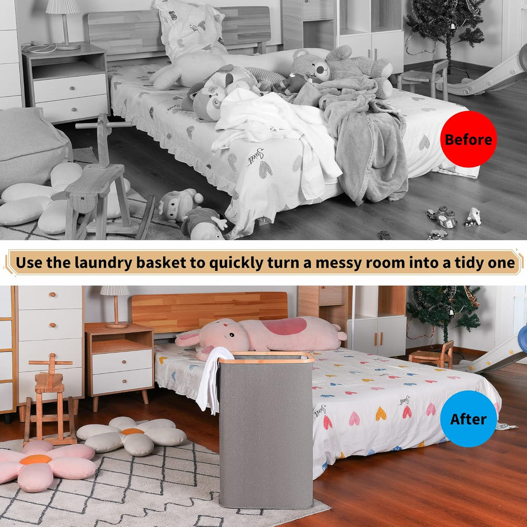 65L Slim Laundry Hamper, Narrow Laundry Basket with Lid,Foldable Clothes Hamper with Bamboo Handles,Hamper Basket