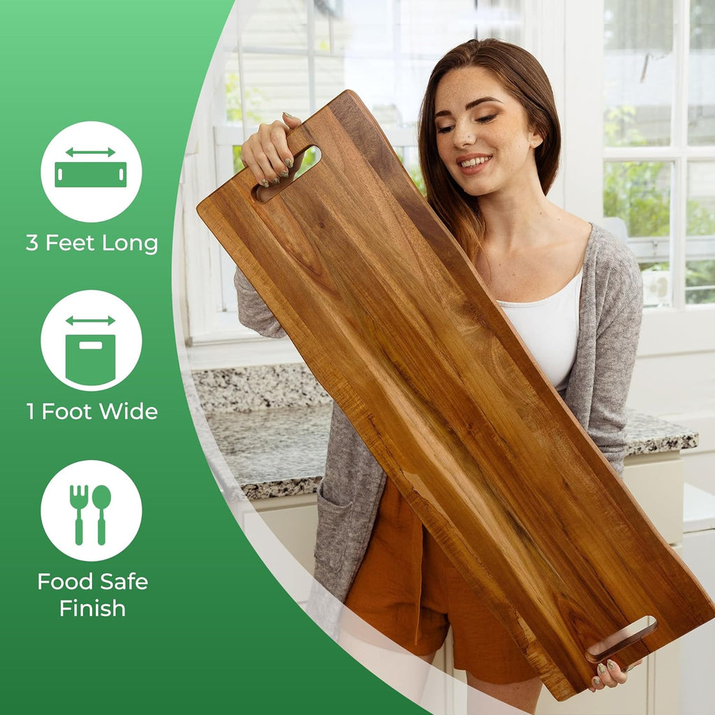 Large Acacia Serving Board with Handles, 36 x 12 Inch Rectangular Charcuterie Platter, Natural Wood Server for Meat