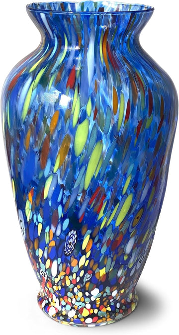 Hand-Blown Glass vase in the BALLOTON Style, Handcrafted with Murano Murrine, I Colori di Murano line, 30 cm high.