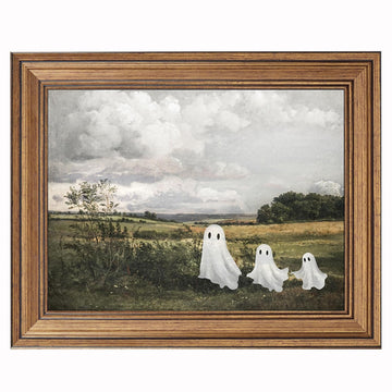 Vintage Halloween Wall Art, Gold Framed Cute Ghost Rustic Landscape Painting, Aesthetic Spooky Farmhouse Decor, Fall