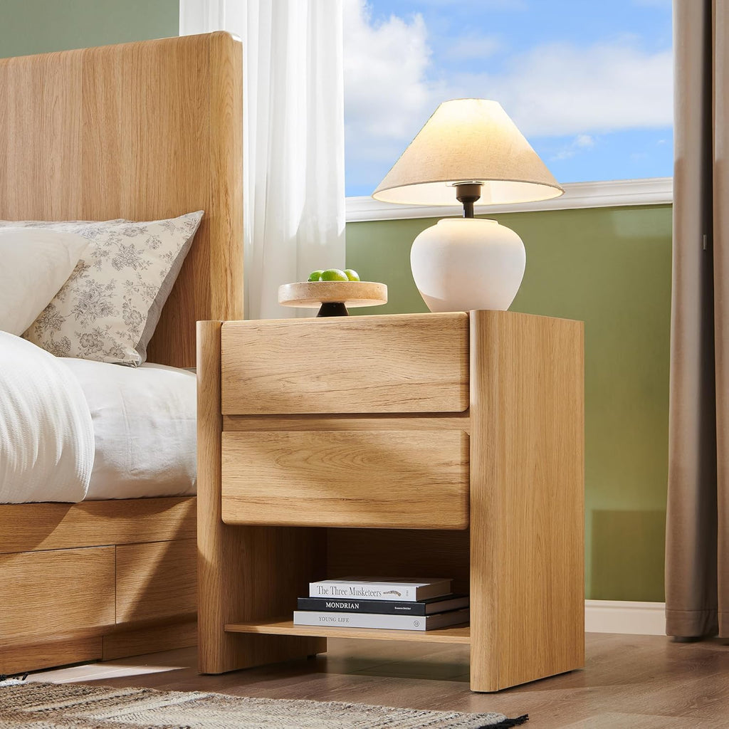 25" Tall Modern Nightstand with Charging Station, 23.6" W Night Stand with 2 Storage Drawers & Open Shelf, Wood
