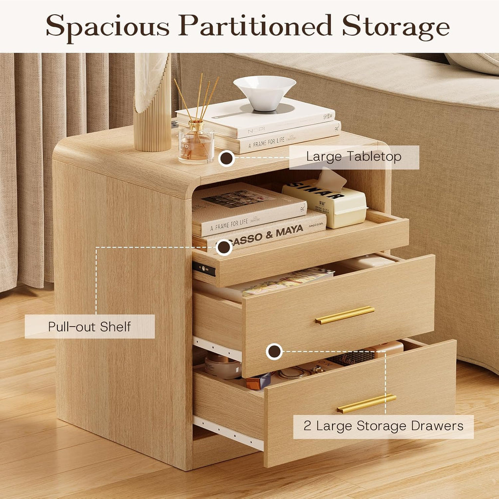 20" Wide Modern Nightstand with Charging Station,2 Drawer End Table with Pull-Out Shelf,Curved Profile Design,Wood
