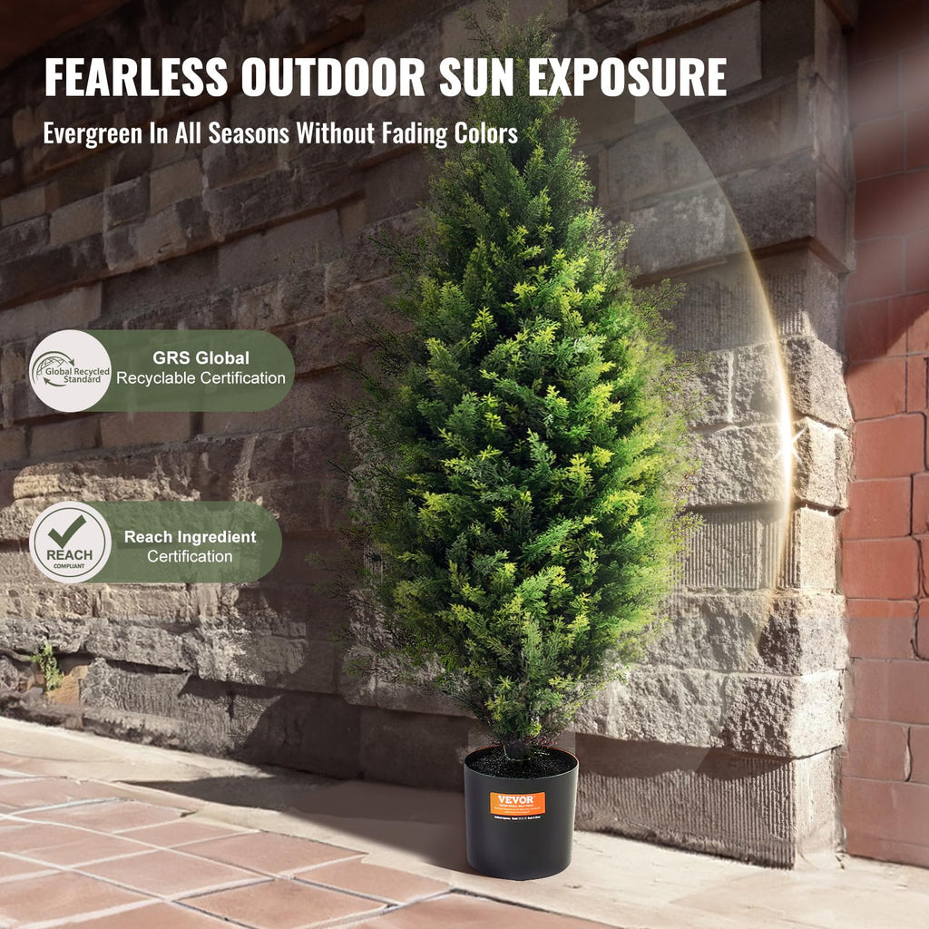 Artificial Cedar Topiary Tree, 36 inch Tall (2 Pieces), with Extra Leaves & Pot Faux Evergreen Fake Pine Cypress
