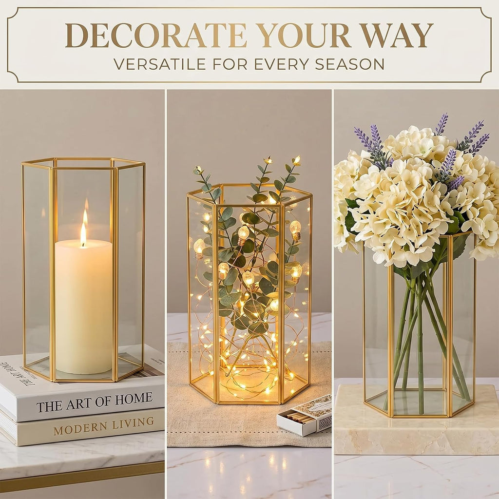 Glass Hurricane Candle Holder, Set of 3 Large Clear Hexagon Lanterns Pillar Candle Lantern with Gold Metal Frame