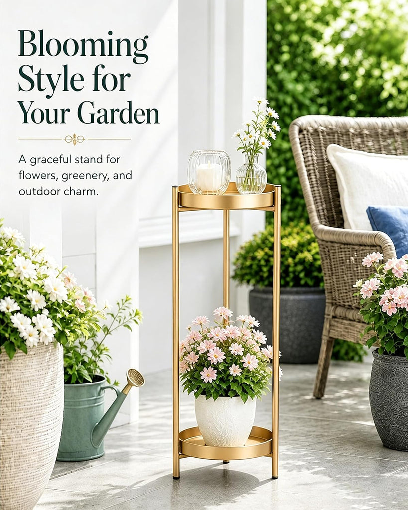 Metal Gold Tall Plant Stand Indoor or Outdoor - 30 inch 2 Tier Modern Corner Planter Shelf Rack with 2 Removable