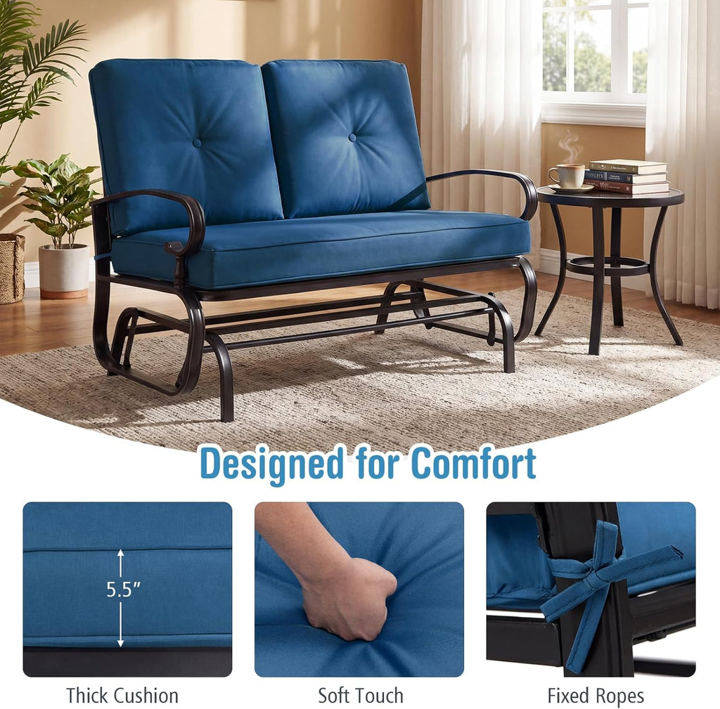 Outdoor Glider Bench, Patio 2 Person Loveseat with Removable Cushion, Thick Padded Seat, Stable Steel Frame, Outside