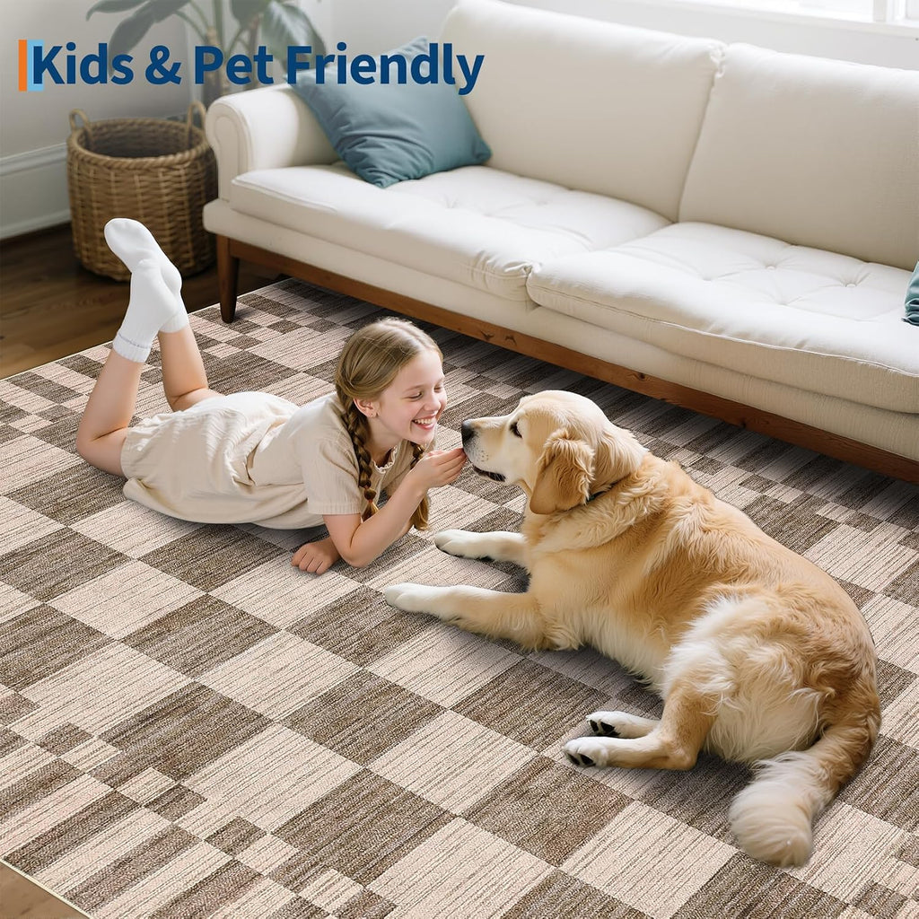 2x6 Kitchen Runner Rug Non Slip Washable Runner Rug | Brown Checkered Rug Soft Low-Pile Geometric Tan Print Modern