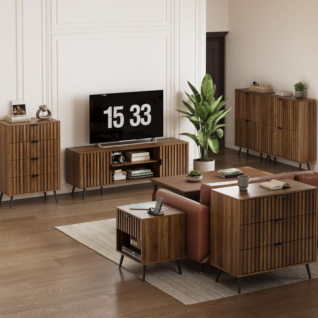63-Inch TV Stand for TVs up to 70 Inch, Mid-Century Modern Television Stand, Entertainment Center with Fluted Doors
