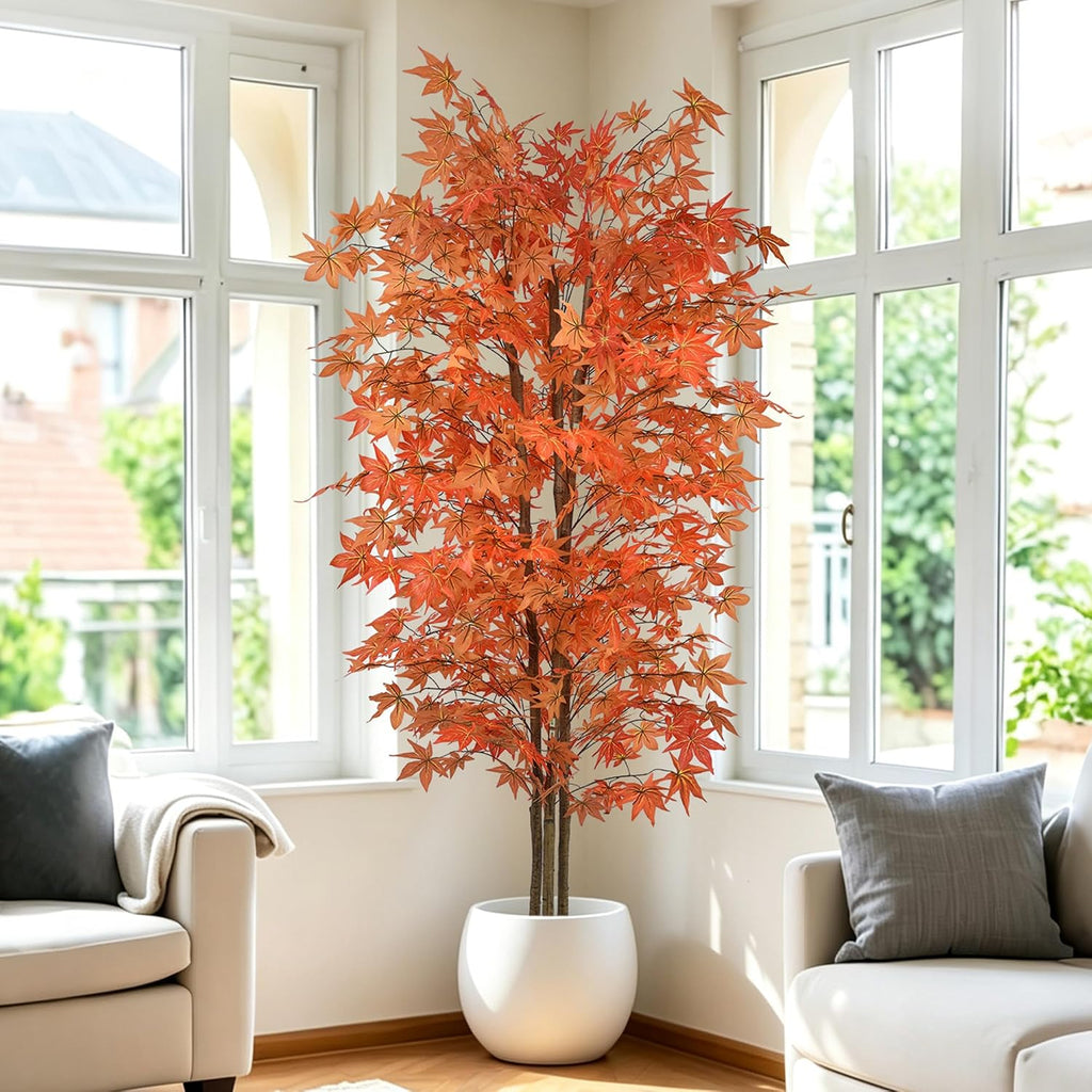Red Maple Tree 7FT Tall Faux Plant with Natural Trunks and Realistic Leaves,Fake Floor Potted Artificial Plants