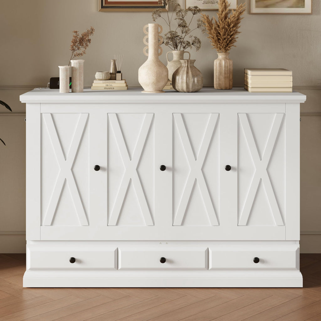 Full Size Murphy Bed, Solid Pine Wood Farmhouse Full Murphy Bed Frame Chest Cube Cabinet with Charging Station and