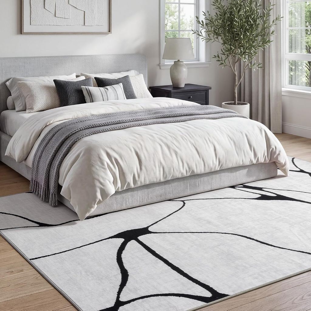 6x9 Washable Modern Abstract Black White Area Rug