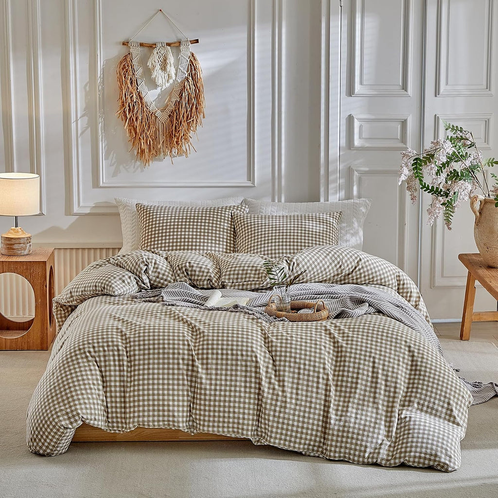 Grid Queen Duvet Cover Set - Tan Gingham Washed Microfiber Comforter Cover Set, 3 Pieces Plaid Checkered Soft - Set of 3