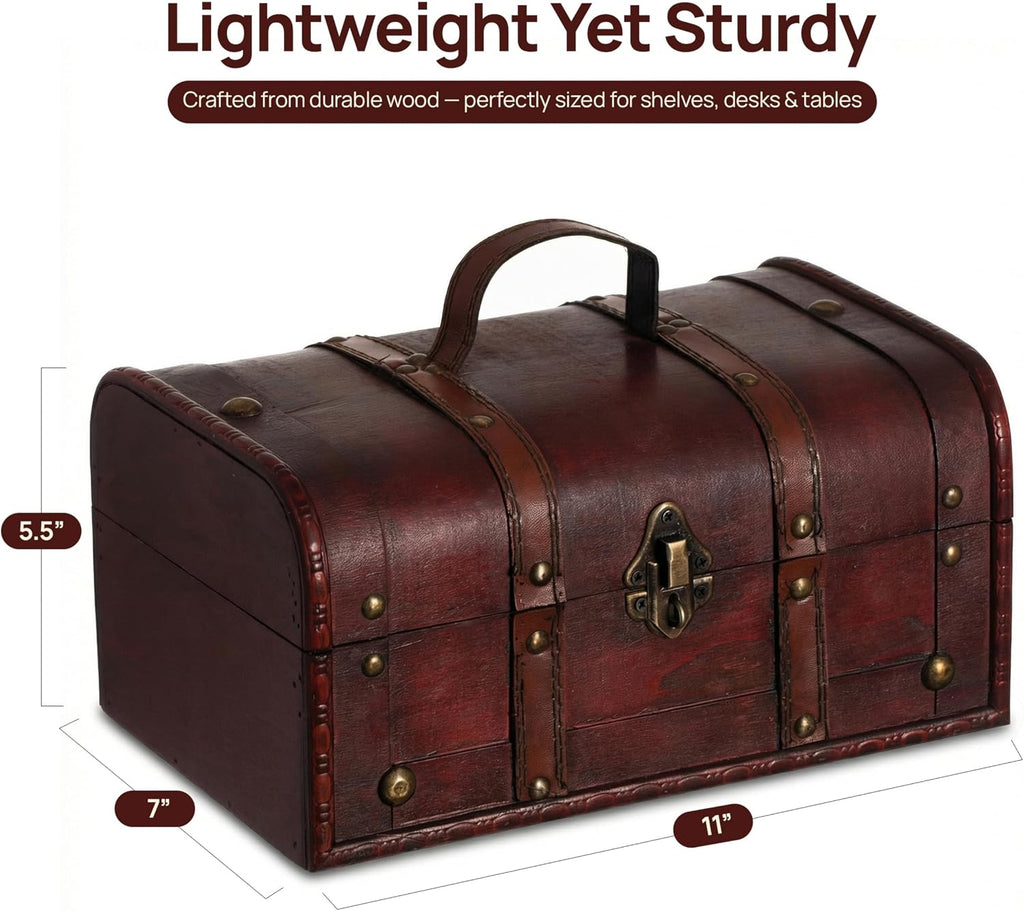 Decorative Wooden Treasure Chest Keepsake Box Large Memory Trunk, Wood Lock Box, Treasure Chest Box for Kids & Adults