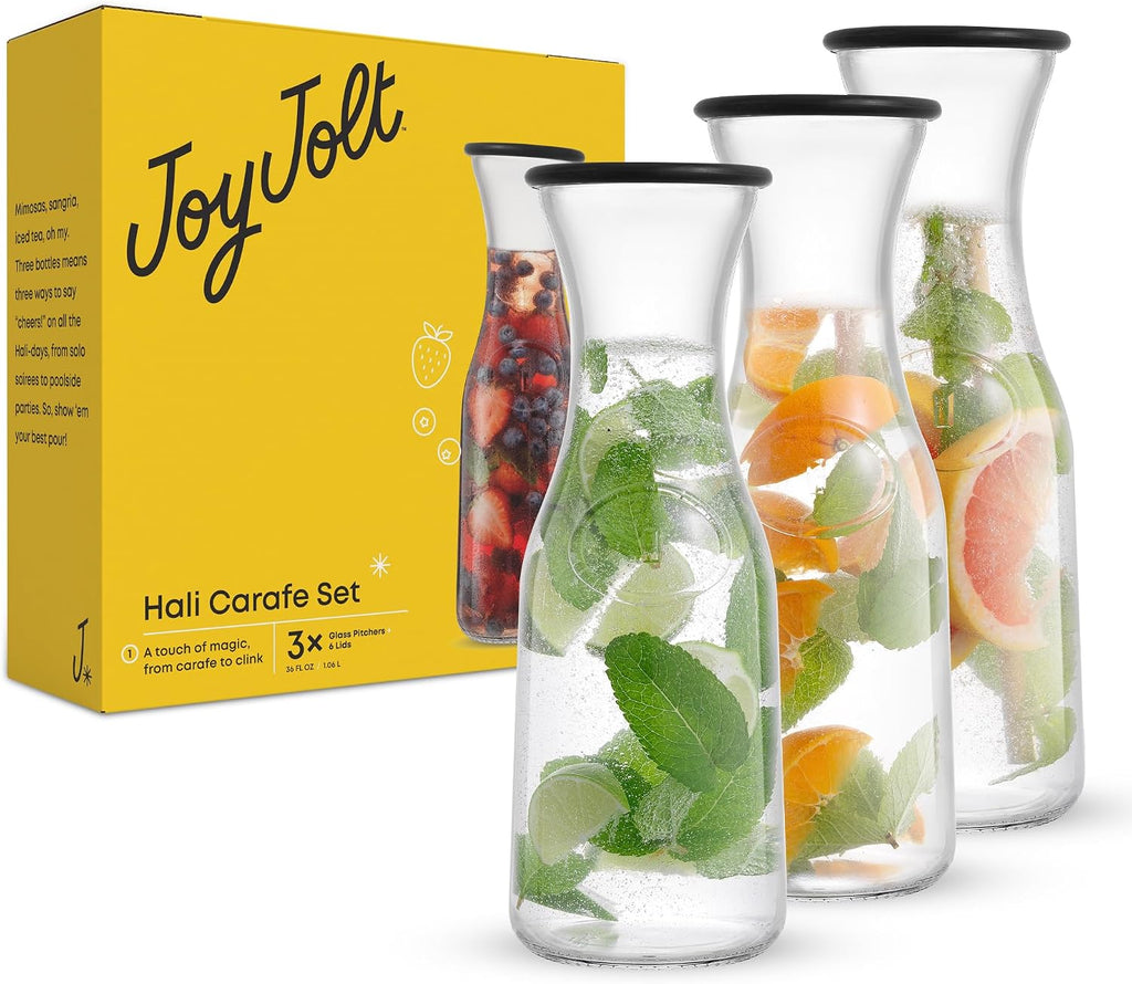Glass Carafe with Lid, Set of 3 - 1 Liter Glass Pitcher for Mimosa Bar, Water, Iced Tea, Juice, Wine, Lemonade, Milk