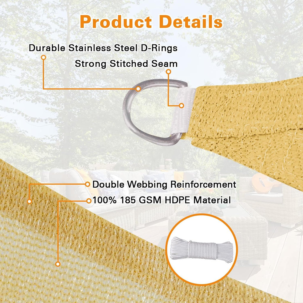 Sun Shade Sail, 10'X16' Sand Rectangle Curved Edged Sun Shade, Commercial Grade 185GSM HDPE UV Permeable Outdoor