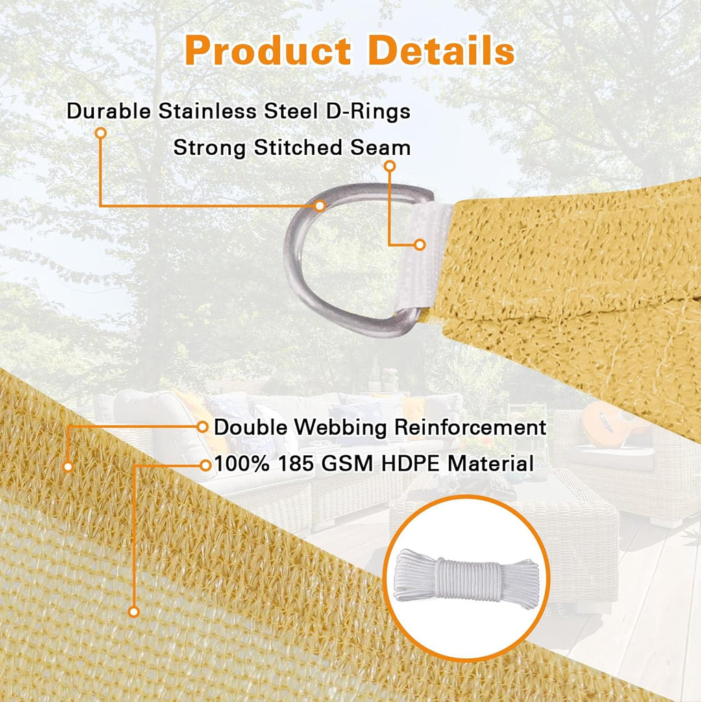 Sun Shade Sail, 13'X17' Sand Rectangle Curved Edged Sun Shade, Commercial Grade 185GSM HDPE UV Permeable Outdoor