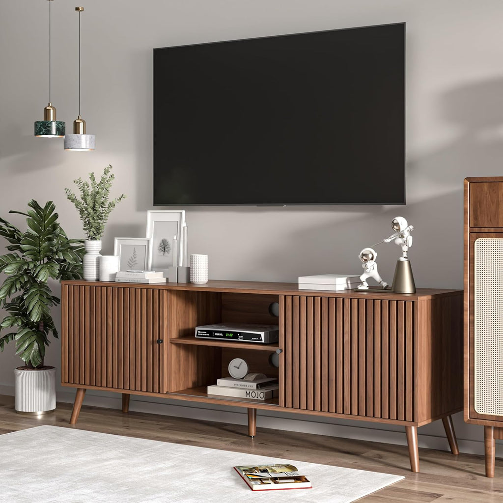 Mid Century Modern TV Stand for Televisions up to 70 Inches, with Sliding Doors and Storage, Television Stands, TV